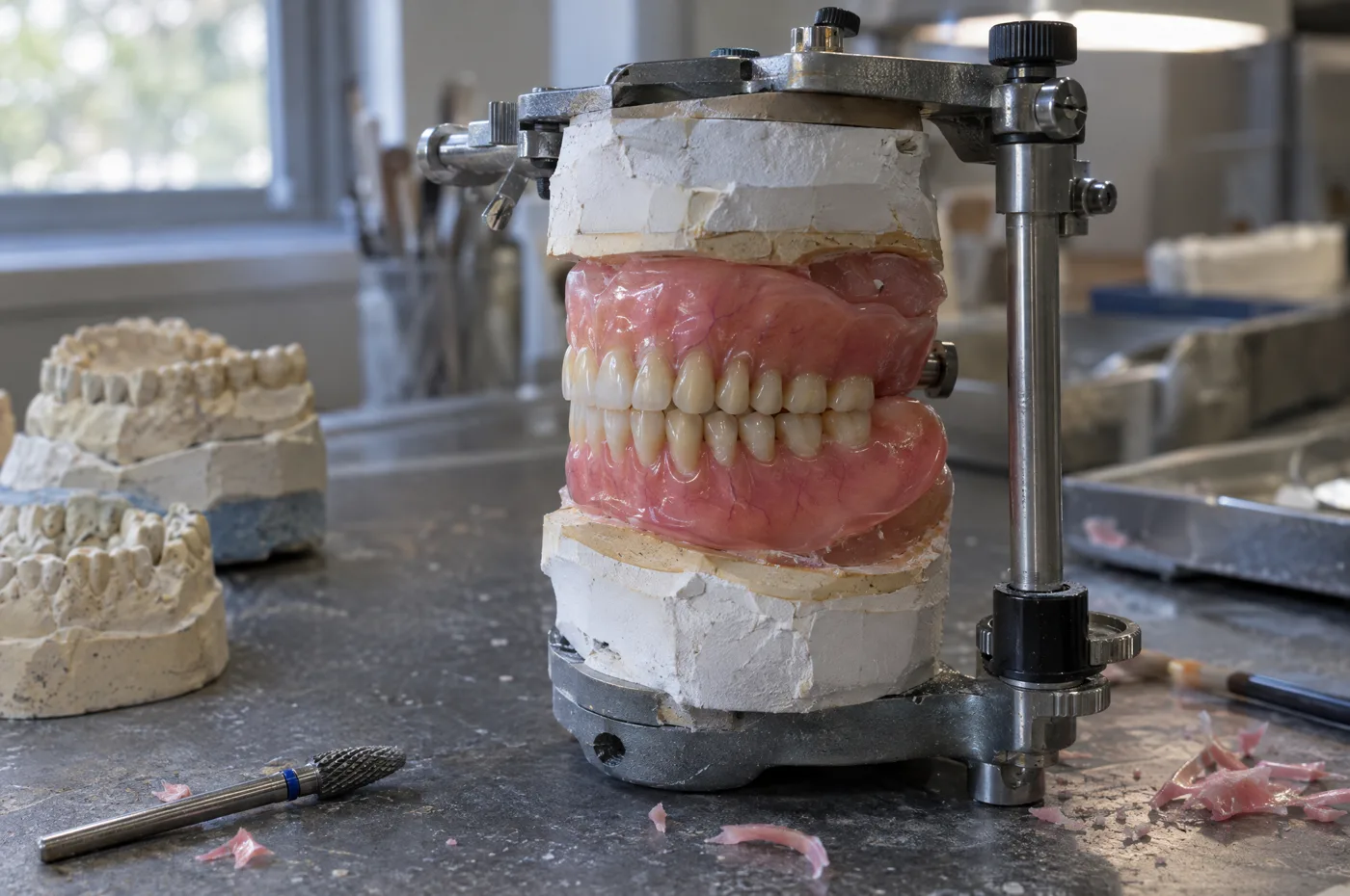 Complete dentures mounted on an articulator at the bench