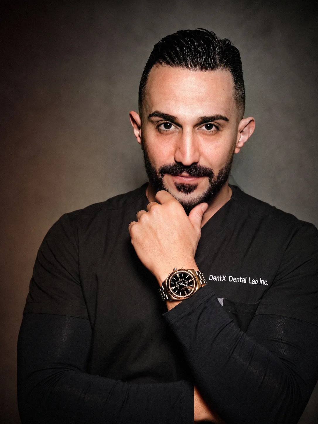 Haibert Aivazian, owner of DentX Dental Lab, in DentX scrubs